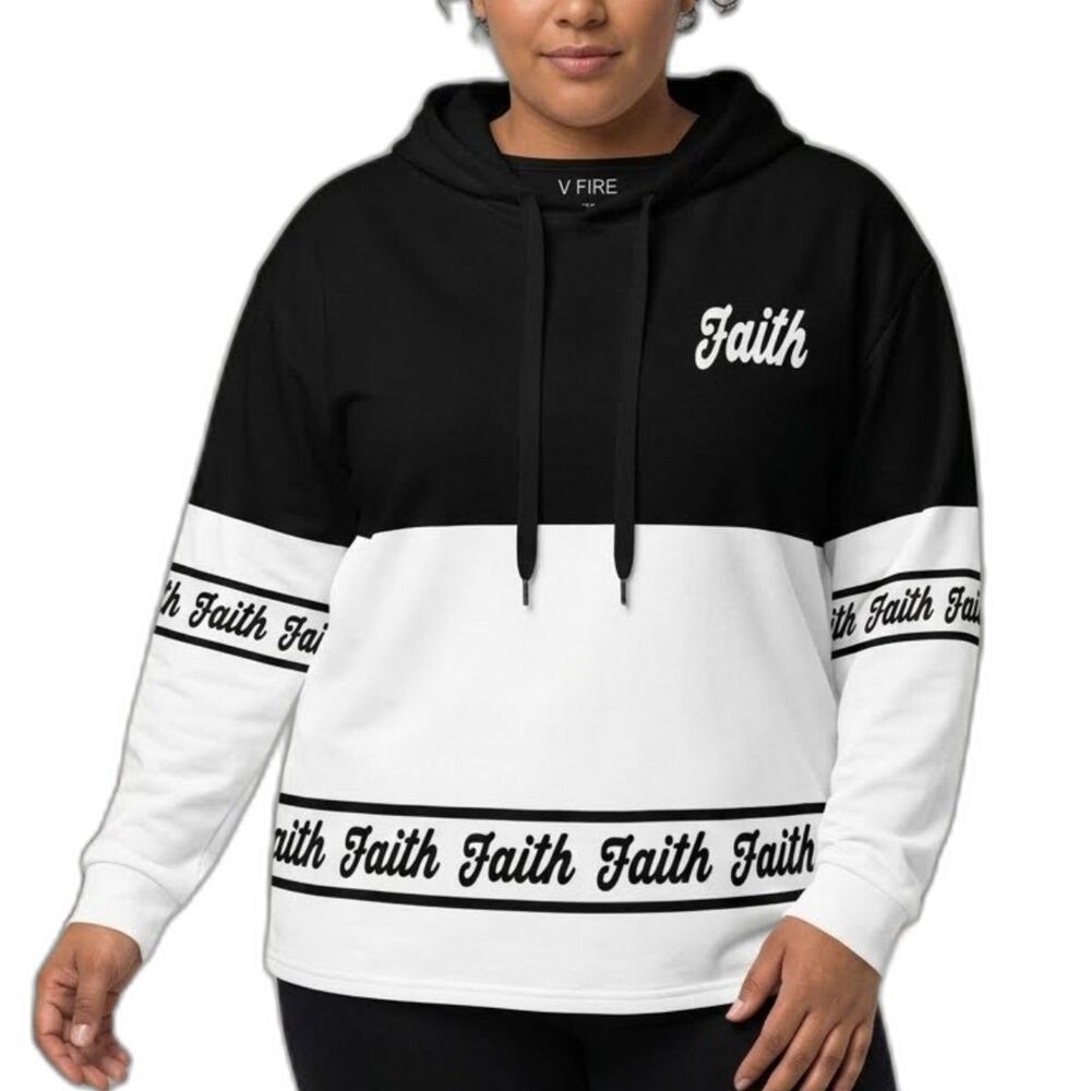On Fire Black White Faith Graphic Colorblock Hoodie Sweatshirt